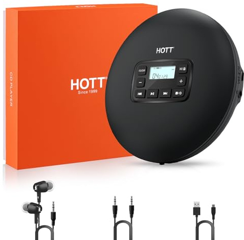 HOTT C204 Basic Portable CD Player with Non-Slip Protection, AA Battery Powered, Support MP3/CD-R, Headphone and AUX Output for Car, Home, Travel