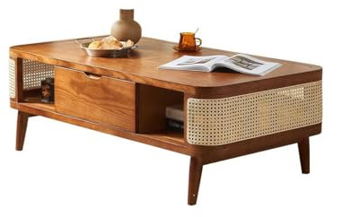 uotmui Mesa de Centro Mesa de Centro de ratán con cajones for Sala de Estar, práctica y Sencilla, Mueble de Madera, Mesa de Centro de Color Nogal Mesa de Juego