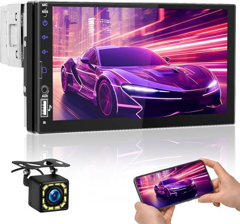 Inefala Autoradio 1 DIN con Schermo 7 Pollici Touchscreen Stereo Auto Bluetooth con Radio FM, Mirror Link, USB, AUX, SWC, Mic, Retrocamera