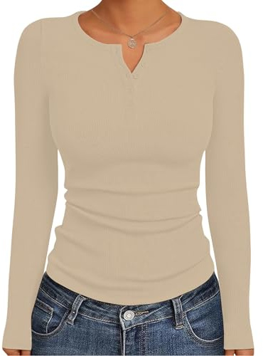 GLEENOD Långärmad Tröja Dam Ribbad Henley Knappslå Basic Topp