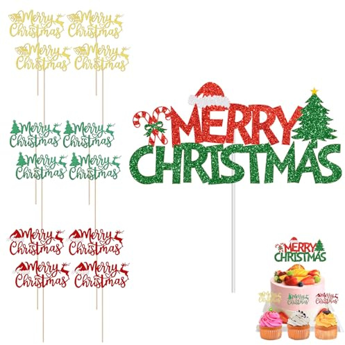 Weihnachten Tortendeko, Weihnachten Cupcake Topper, Merry Christmas Kuchen Deko, Merry Christmas Cake Topper, weihnachten Kuchen Toppe für Torten Muffins Weihnachtsfeier, 13 Stück
