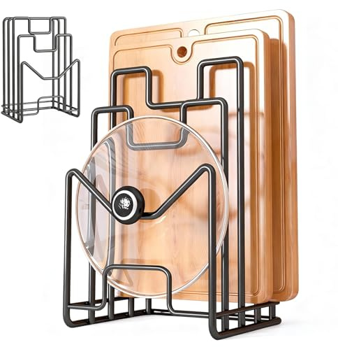 Jicyor Saijer Lot de 2 supports pour planche à découper, 2 supports de planche à découper, noir, couvercle de casserole, organisateur de planche à découper avec 4 compartiments