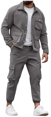 Herr cargo träningsoverall 2 delar långärmad knapp ner jacka byxor flera fickor kläder utomhus äventyr set, Grått, XL