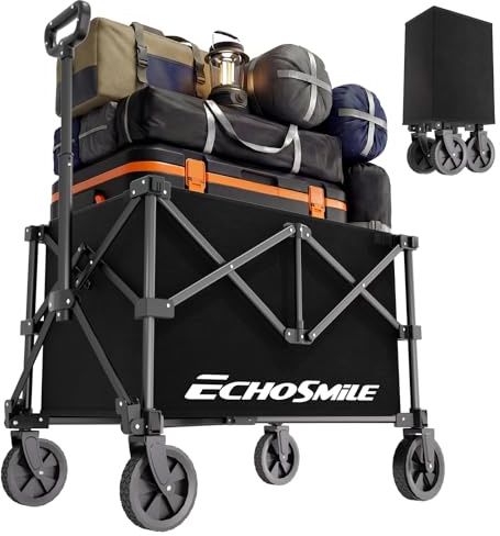 EchoSmile Leichter Bollerwagen Faltbar, Kompakter Wagen für Einkauf, Camping & Sport, Einfach Zusammenklappbar, Schwarz
