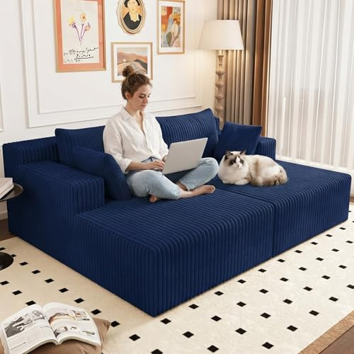 70.8 Oversized Boneless Double Chaise Lounge Chair Indoor, Upholstered Corduroy Cloud Chaise Lounges with 4 Pillows, Modern Deep Seat Loveseat Sleeper Sofa for Living Room Bedroom Apartment, Blue