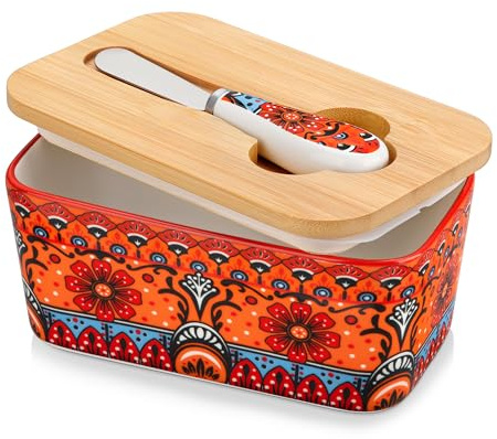 vancasso KRVI Butterdose, 480ml Keramik Butterdose mit Deckel und Messer, Butterdose Porzellan, Multi-Funktion Böhmischer Butterschale für Haushalt und Küche, Spülmaschinenfest