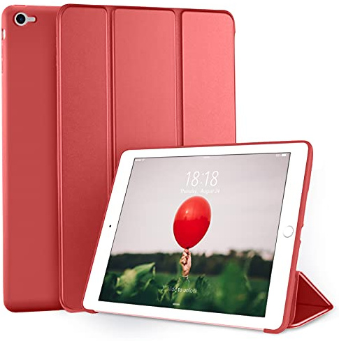 DTTO Funda para iPad Air 2 (lanzado en 2014), ultradelgada, ligera, con soporte triple plegable y flexible de TPU suave para Apple iPad Air 2 (modelo A1566/A1567), color rojo