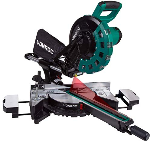 VONROC Scie à Onglet Radiale 2200W - Lame de Scie Ø 254 mm 60 Dents, Largeur de Coupe 340 mm - Laser, LED, 2 Rallonges de Table Inclus - Bras de Guidage à Double Roulement, Précision Planches Larges