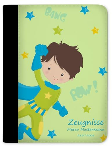 CreaDesign, Kinder Zeugnismappe mit Namen personalisiert, Zeugnis Mappe Superheld Grün mit 10 Klarsichthüllen, A4, 26,7 x 32,7 x 1 cm, Rücken schwarz