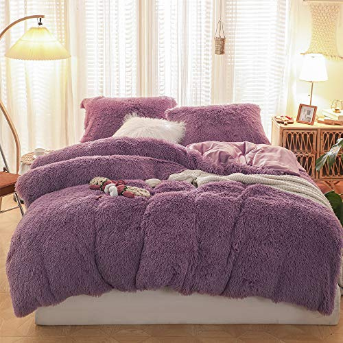 Sacebeleu Plüsch Bettwäsche Set 220x240cm Violett Lila Warme Winter Flauschig Flanell Biber Mädchen Bettbezug Deckenbezug mit Reißverschluss und 2 Kissenbezug 80x80cm Doppelbett