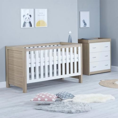 Babymore Luno Nursery Furniture Set (2 Piece) | Convertible Baby Cot Bed and Chest of Drawers Changer (White & Oak, Cot Bed without Drawer)