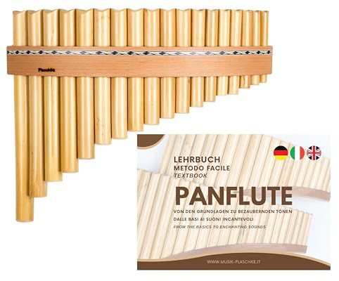 Plaschke Panflöte, Holzriemen Design, handgemacht mit Lehrbuch, 18 Rohre C-Dur