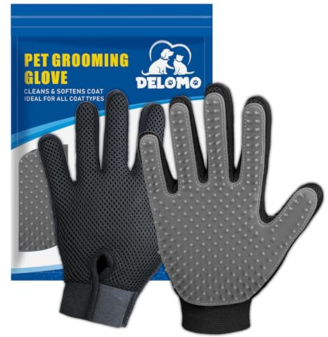 DELOMO Haustierpflege-Handschuhe - Katzenbürsten für sanftes Haaren - Effiziente Haarentfernungshandschuhe - Waschhandschuhe für Hunde mit langem & kurzem Haar, Katzen & Pferde - 1 Paar (Grau)