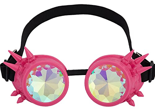 Kaleidoskop-Brille für Raves, Trippy, psychedelische Steampunk-Brille mit Regenbogenprismen-Beugungs-Kristallgläsern, Rosa (Spiked), Einheitsgröße