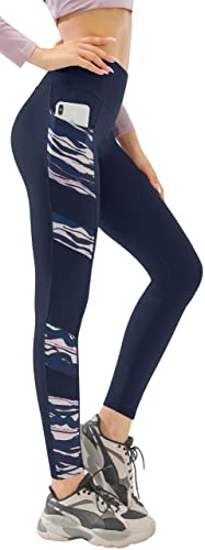 JOYSPELS Women's High Waisted Gym Leggings - Workout Running Sports Black Printed Leggings Yoga Pants for Womens with Pockets UK - NavyWave - S