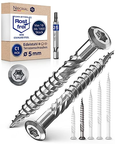 250 tornillos para terraza de 5 x 50 mm de longitud, perfectos para ejes de 20 mm, acero inoxidable C1 endurecido, Torx 25 con 1 bit, tornillos para madera con cabeza plana, rosca parcial