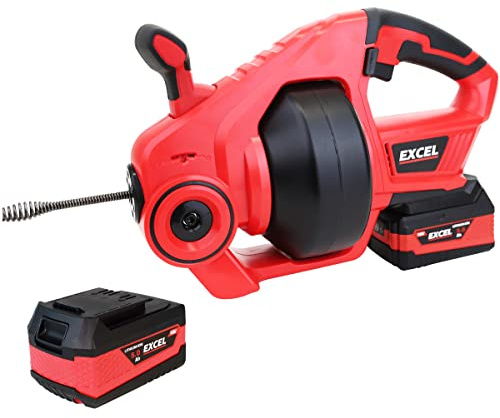 Excel 18V Cordless Drain Cleaner with 2 x 5.0Ah Batteries - Pipe Capacity 20-50mm - Drain Auger - LED Light
