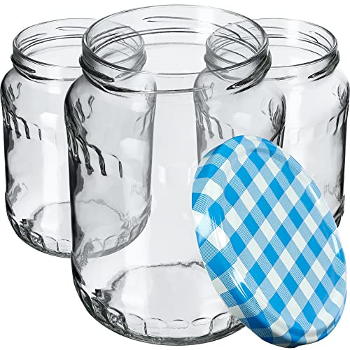 KADAX 64er Set Einmachgläser 720ml TO82 Blau kariert, Große Sturzgläser mit Schraubdeckel, Einkochgläser Fermentierglas für Gurken, Gemüse, Sauerteig