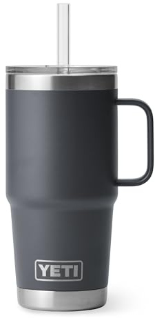 YETI Rambler 25 oz (739 ml) Straw Mug, Charcoal | Insulated Tumbler with Straw and Lid for Cold Drinks, Cup Holder Compatible, Dishwasher Safe Stainless Steel