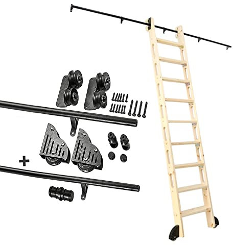 Luyckfrazy Schiebe-Scheunentor-Set, rundes Rohr, Mobile Leiterschiene, Schwarze Schiebeleiterschienen mit Bodenrollenrad für Zuhause/Innenbereich/Loft – Keine Leiter (Size : 100cm Gleisbausatz)