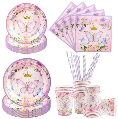 Aitsite 100 Stück Rosa Schmetterling Partygeschirr Set für 20 Gäste, Partyteller, Geburtstag Geschirr, Party Deko Set, Kindergeburtstag Teller Becher Servietten
