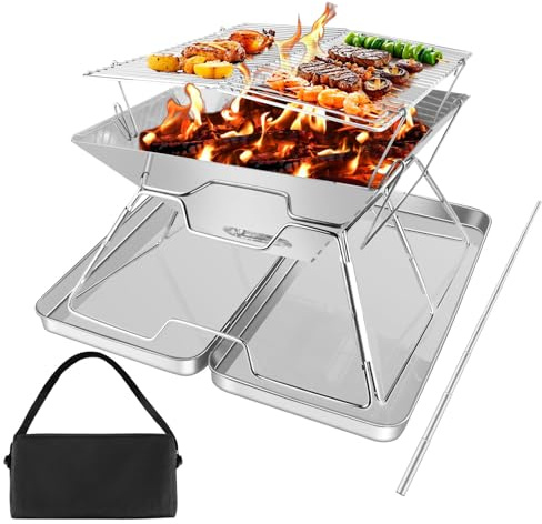 Faltbare Feuerstelle Grill Tragbare Feuerstelle, Faltbares Camping Lagerfeuer Grill Set mit Eisenbox & Tragetasche, Edelstahl Klappgestell für BBQ Picknick Terrasse