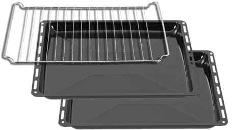 ICQN Bandeja para horno de 445 x 375 x 25 mm, con rejilla, 2 sartenes esmaltadas, aptas para Whirlpool, Ignis, Bauknecht, Indesit, Algor, Neckermann, Lloyds, inoxidable, 44,5 x 37,5 cm