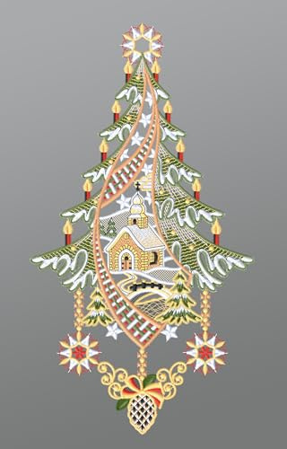 Plauener Spitze Fensterbild Kirche mit Winterlandschaft und Tannenbaum (Bx H) 20cm * 37cm Mehrfarbig Fensterdekoration Fensterschmuck