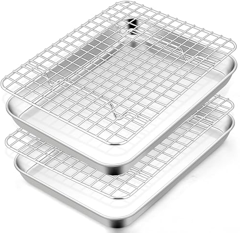 TeamFar Toaster-Ofenpfanne mit Gestell, 22,9 x 17,8 x 2,5 cm, Edelstahl, Mini-Backform mit Gitterrost zum Backen, Braten, Kühlen, ungiftig und robust, spülmaschinenfest, (2 Pfannen + 2 Gestell)
