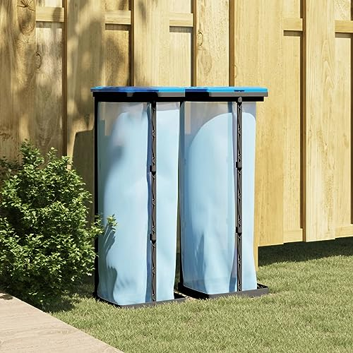 TANZEM Rubbish Bag Holders 2 pcs Black and Blue 120 L PP,Sack Holder Black Lid Adjustable Refuse Bag Stands Foldable Camping Bin