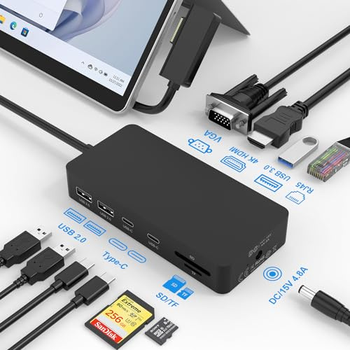 Surface Dock, Surface Docking Station, 11 in 1 Triple Display Microsoft Surface Dock mit HDMI 4K +VGA für Surface Pro 11/10/9/8/X/7/6/5/4/3, Surface Laptop 5/go/4/3/2/1, Surface Book 3/2,Surface Book