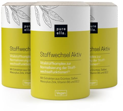 Pure Ella STOFFWECHSEL AKTIV - Bei Stoffwechselkur für Frau ab 50 - Grüntee, Salbei, Maca, Zink, Chrom, Kupfer, Vitamin B6, B12 & D3 - Natürlich, Vegan, Hochdosiert, Hormonfrei - 180 Kapseln