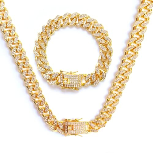 GoPaw Ketten für Herren 12 MM Cuban Link Chain Iced Out Kette Halskette für Männer Gold Silber Miami Cuban Link Choker Halskette Armbandr Unisex Hip Hop Schmuck Geschenk 50/55/60cm