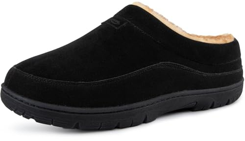 HomeTop Men's Moccasin Slippers Soft Warm Non-slip Memory Foam Indoor House Shoes with Fluffy Lining Black, 12-13 UK