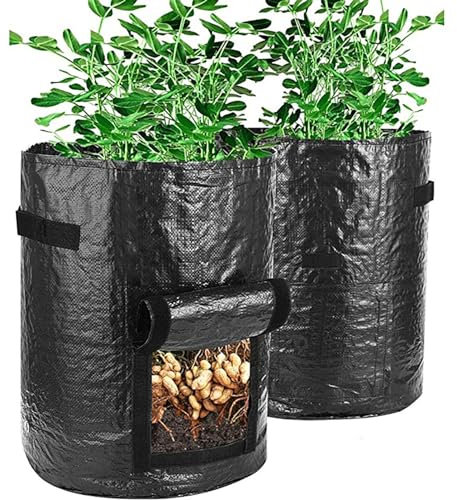 BTAISYDE Lot de 2 Sacs de Culture pour Pommes de Terre, Sacs de Culture de avec Fenêtres à Rabat et Poignées, Sacs de Culture de Légumes pour Pommes de Terre, Oignons, Tomates, Carotte,Black,5 gallons