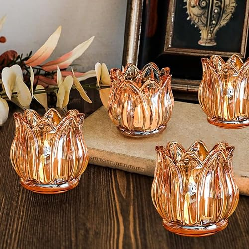 DXQCHDUO Glas värmeljus lykta ljushållare set med 4, vintage glas värmeljushållare, kristall tulpan blomma ljushållare för bröllopsfest bordsdekoration modern ljushållare (gul)