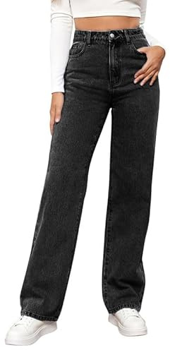 LAEMILIA Baggy jeans kvinnor raka ben denimbyxor damer hög midja breda ben byxor med fickor lös passform jeans plusstorlek S-XXL/UK 8-18, Svart, 36