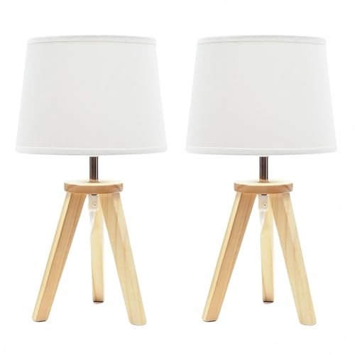 ValueLights | Pair of - Natural Wood Tripod Table Lamp with Linen Tapered Lampshade Living Room Bedside Light - LED Bulbs Included | Table Lamps & Home Improvements Essential