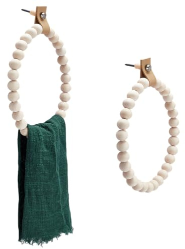 MAYJOYDIY 2 Porte Serviettes Rustique Boho 17.5cm Fait à la Main en Perles de Bois Anneau Porte Serviettes Mural Boho Farmhouse pour Salle de Bain Cuisine Décoration Murale Accessoires de Support