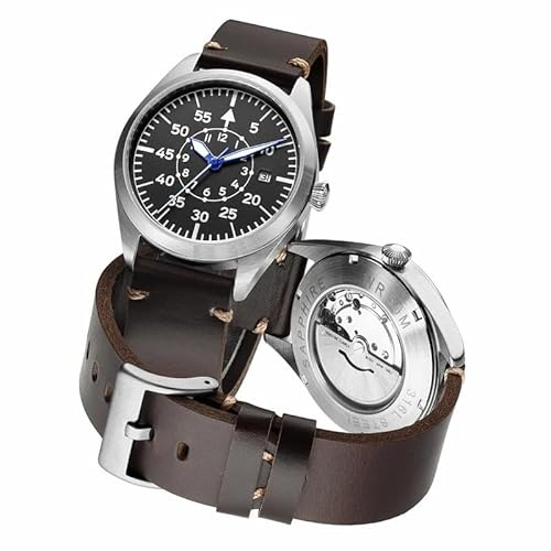 Boyarca Reloj de piloto de aviador mecánico de acero inoxidable, relojes automáticos Flieger para buceo, relojes mecánicos con fecha luminosa e impermeable, Negro -, Classic