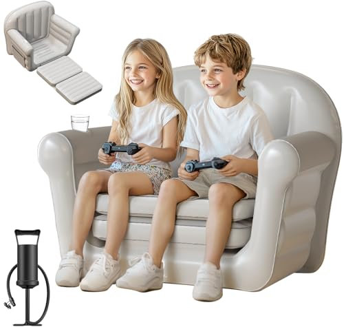 QPAU Aufblasbare Couch, extra breite 2-in-1-Kleinkind-Couch ausklappbar mit Plüsch, umwandelbare Kindercouch zu Liege für Baby, Jungen, Mädchen, tragbares Schlafsofa für Zuhause, Camping, Reisen