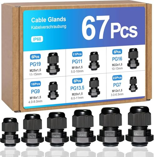 67 Pcs Adjustable Cable Glands, IP68 Waterproof Adjustable 3-15mm Cable Connectors PG7 PG9 PG11 PG13.5 PG16 PG19 Plastic Nylon Cable Connectors Gland Joints Locknut Stuffing Glands Black