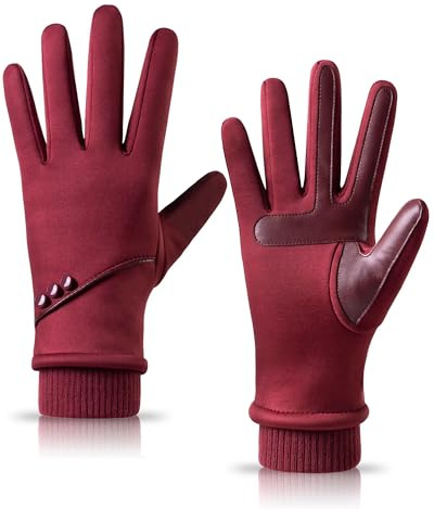 HOLDINA Handschuhe Damen Winter Warm, Wasserdichte Handschuhe Damen mit Rutschfestem Leder, Geschenk für Handschuhe Damen Touchscreen mit Fleece Gefüttert zum Fahren, Laufen, Wandern (Rot-L)