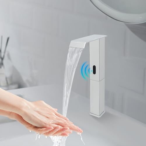 KiwiHood Automatisk infraröd sensorarmatur svart 31 cm hög beröringsfri handfatskran med vattenfallsutlopp och justerbar temperaturventil för kök och badrum (silver)