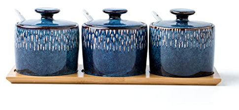 IUokLU Sucrier Bleu foncé avec Couvercle Pot à Sucre Japonais Ciel étoilé récipient à Sucre Pot à épices Pot à assaisonnement - Bleu foncé - Ensemble de 3 Pots,Bleu foncé - Ensemble de 3 avec Plateau