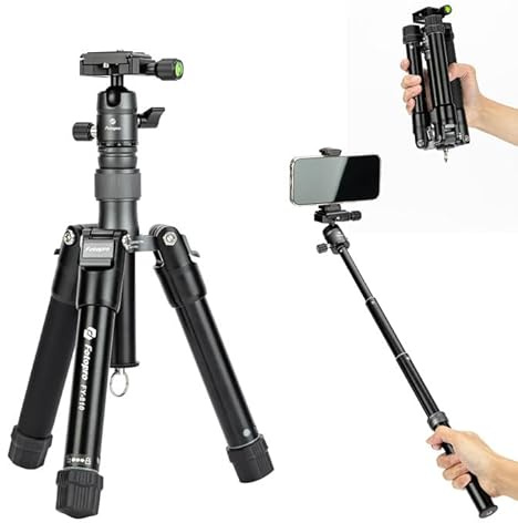 Fotopro Trépied de voyage compact léger de 140 cm, mini trépied multifonction avec tête sphérique en aluminium, support de téléphone amovible, pliable seulement 21,8 cm, charge maximale jusqu'à 3 kg