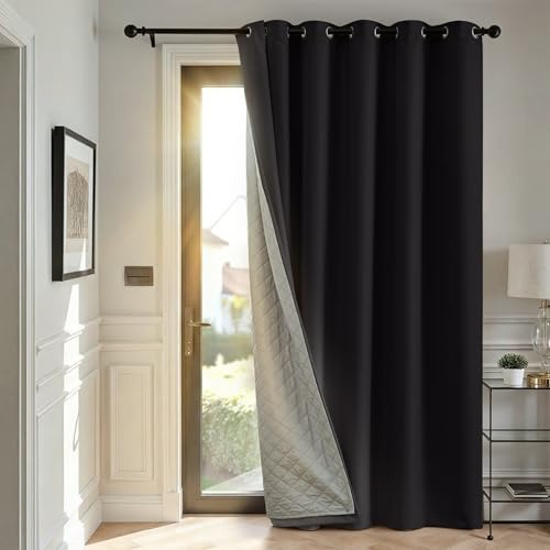 TOPICK Termisk gardin, köldskydd, gardiner, vardagsrum, ogenomskinliga med öljetter, dörrgardin, mörkläggningsgardiner, sovrum, gardiner, H 260 x 200 cm, dubbla gardiner med avtagbart lager, svart, 1