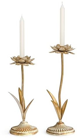 Remenna Antique Gold Metal Flower Taper Candle Holder, Rustic Farmhouse Style, Set of 2, Centerpiece Wedding Festive Christmas Mantel Decoration