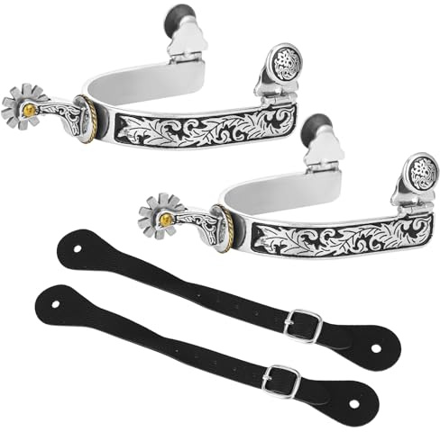 Anjetan 1 Paar Western-Cowboysporen mit Gürtel, Pferdesporen für Herren, Edelstahlsporen mit Gravurmuster und 2 verstellbaren Lederriemen, klassische Roping Boot Sporen für Training, Reiten