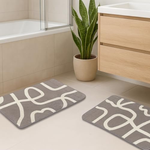 AURUM ONE Tapis de Bain Antidérapants – Lot de 2 (60×40 cm) – Ultra-Absorbants, Séchage Rapide – Tapis Salle de Bain Doux – Motif Géométrique Gris